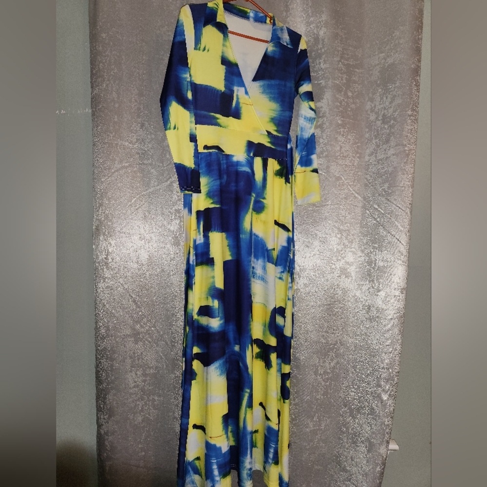 Blue and yellow, maxi collared dress